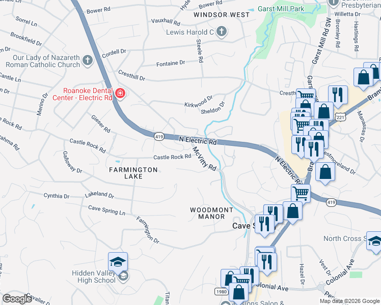 map of restaurants, bars, coffee shops, grocery stores, and more near in Cave Spring