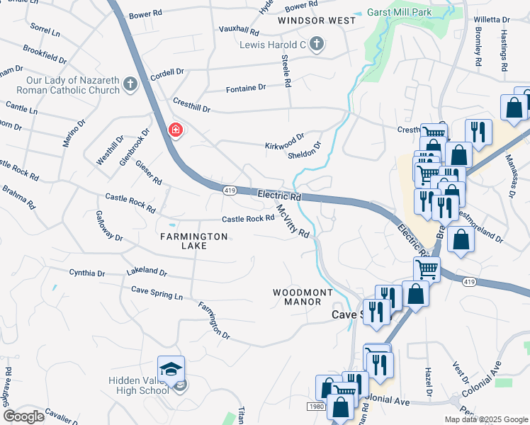 map of restaurants, bars, coffee shops, grocery stores, and more near 5196 Winterberry Court in Cave Spring