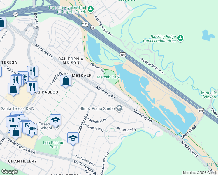 map of restaurants, bars, coffee shops, grocery stores, and more near 115 Prindiville Court in San Jose