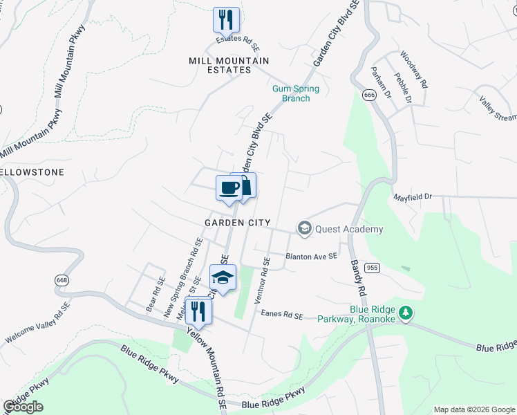 map of restaurants, bars, coffee shops, grocery stores, and more near 3316 Troxell Road Southeast in Roanoke