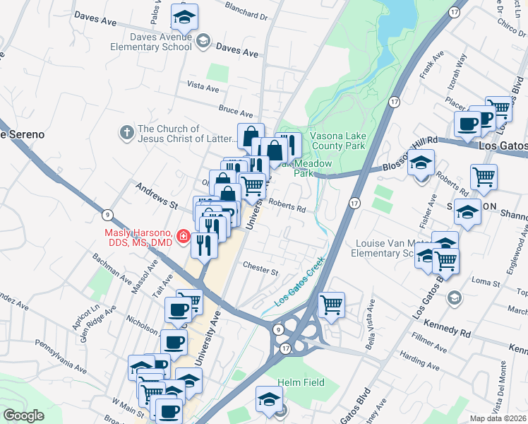 map of restaurants, bars, coffee shops, grocery stores, and more near 85 Roberts Road in Los Gatos
