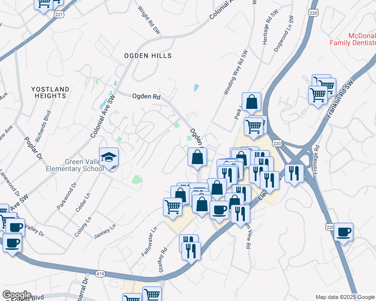 map of restaurants, bars, coffee shops, grocery stores, and more near 3109 Honeywood Lane in Cave Spring