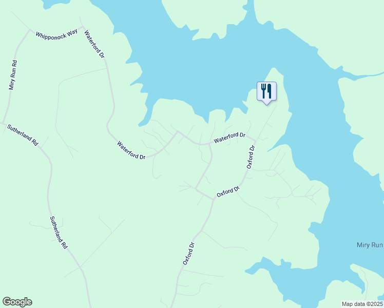 map of restaurants, bars, coffee shops, grocery stores, and more near 19021 Waterford Drive in Sutherland