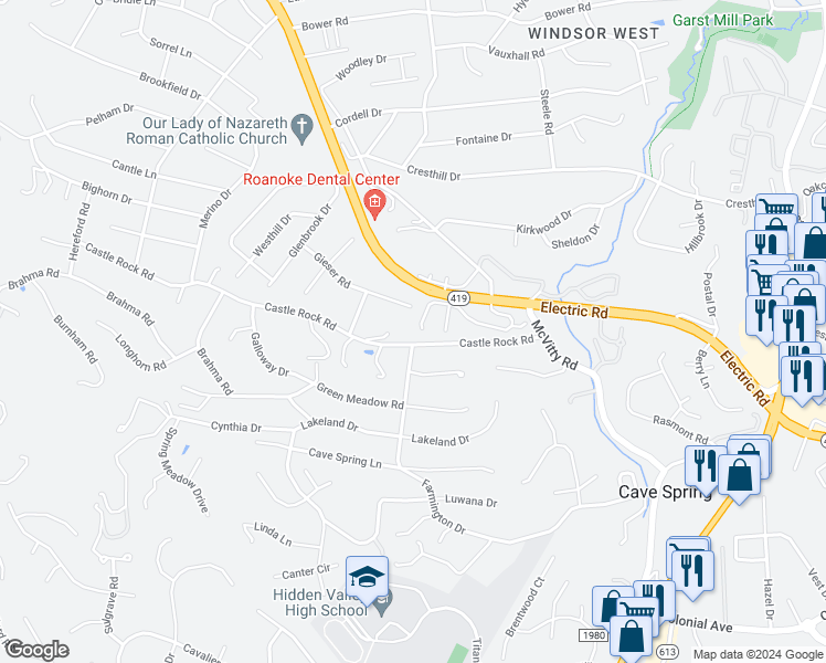 map of restaurants, bars, coffee shops, grocery stores, and more near 3225 Winterberry Drive in Cave Spring
