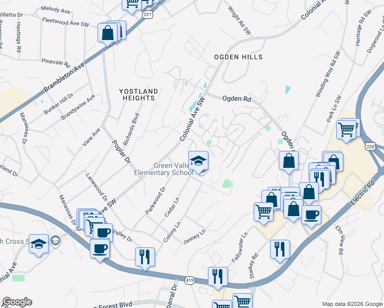 map of restaurants, bars, coffee shops, grocery stores, and more near 3605 Timberline Trail in Cave Spring