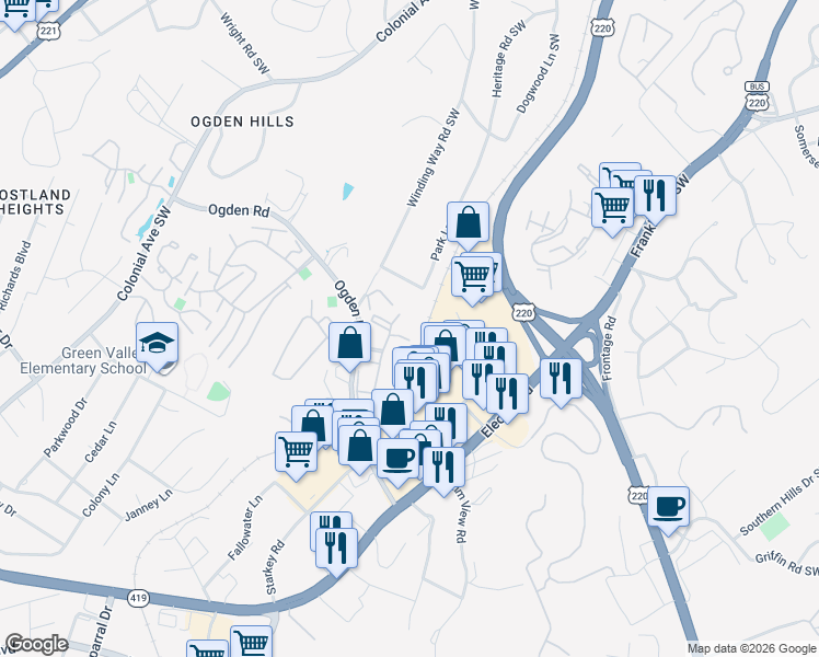 map of restaurants, bars, coffee shops, grocery stores, and more near 117 Windward Drive in Roanoke