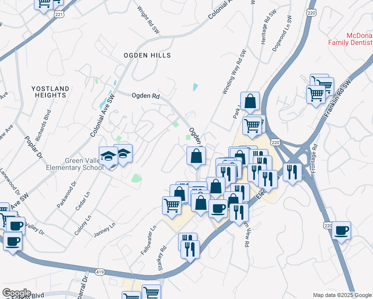 map of restaurants, bars, coffee shops, grocery stores, and more near 3109 Honeywood Lane in Cave Spring