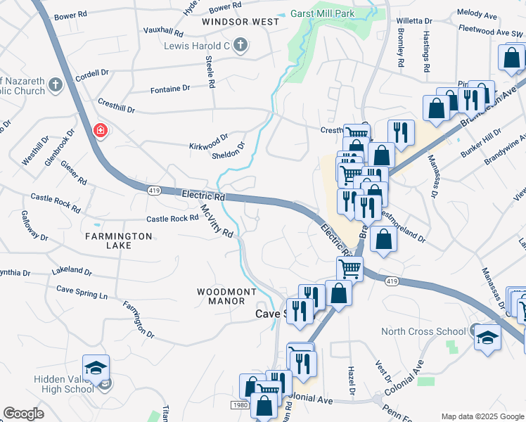 map of restaurants, bars, coffee shops, grocery stores, and more near 3050 McVitty Forest Drive in Roanoke