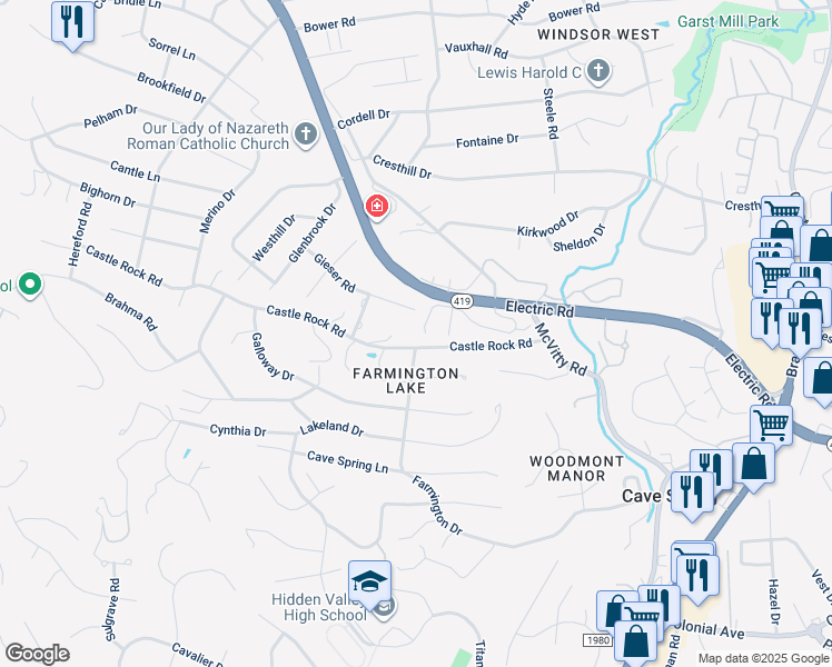 map of restaurants, bars, coffee shops, grocery stores, and more near 3225 Winterberry Drive in Cave Spring