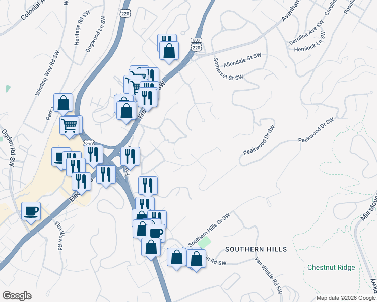 map of restaurants, bars, coffee shops, grocery stores, and more near 3701 Bosworth Drive Southwest in Roanoke