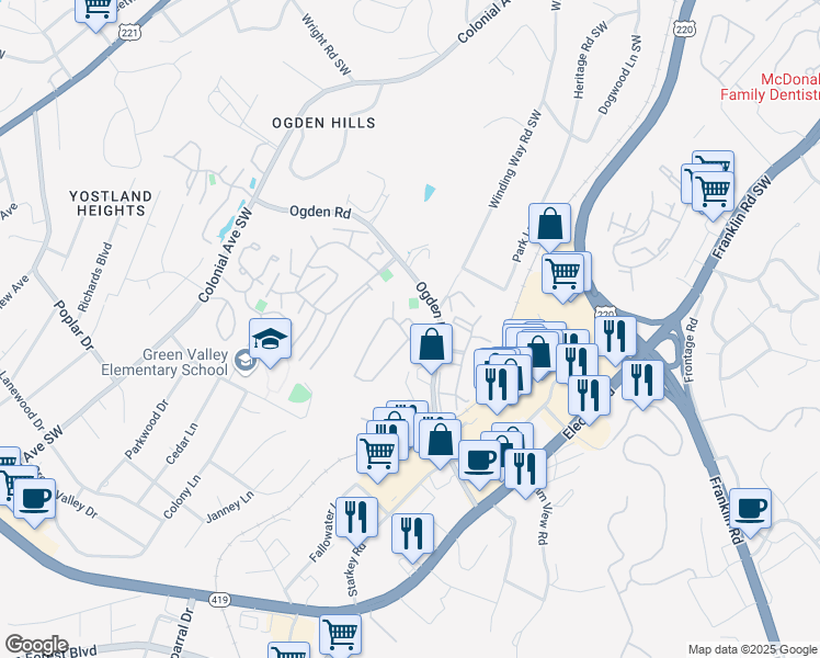 map of restaurants, bars, coffee shops, grocery stores, and more near 3101 Honeywood Lane in Roanoke