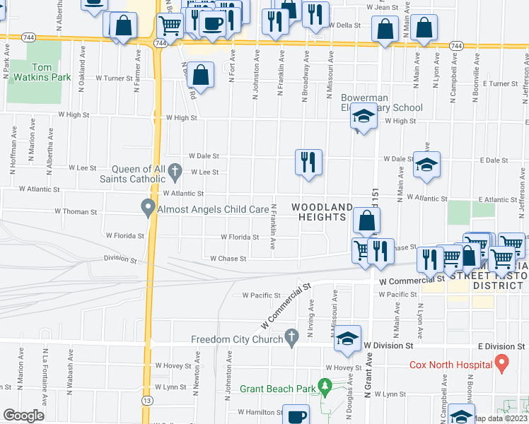 map of restaurants, bars, coffee shops, grocery stores, and more near 1111 West Thoman Street in Springfield