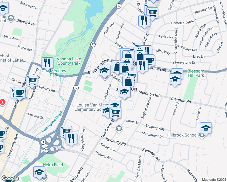 map of restaurants, bars, coffee shops, grocery stores, and more near 16922 Mitchell Avenue in Los Gatos