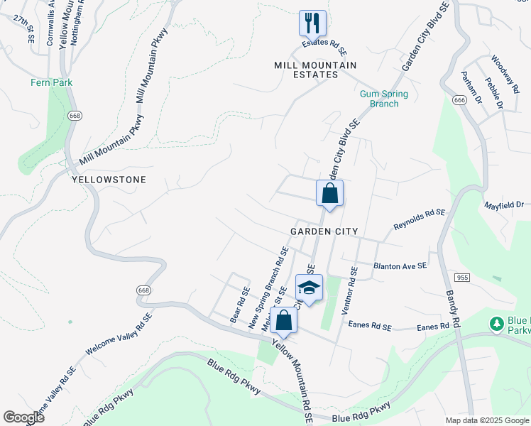 map of restaurants, bars, coffee shops, grocery stores, and more near 1103 Ray Road Southeast in Roanoke