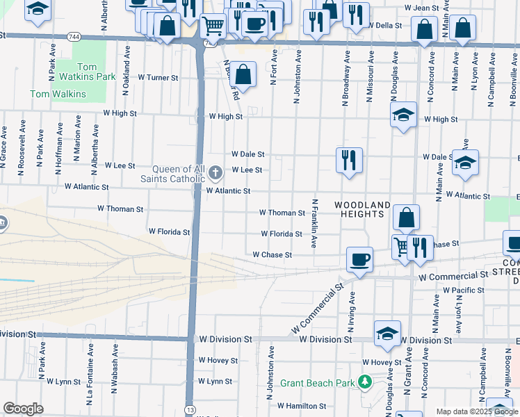 map of restaurants, bars, coffee shops, grocery stores, and more near 1311 West Thoman Street in Springfield