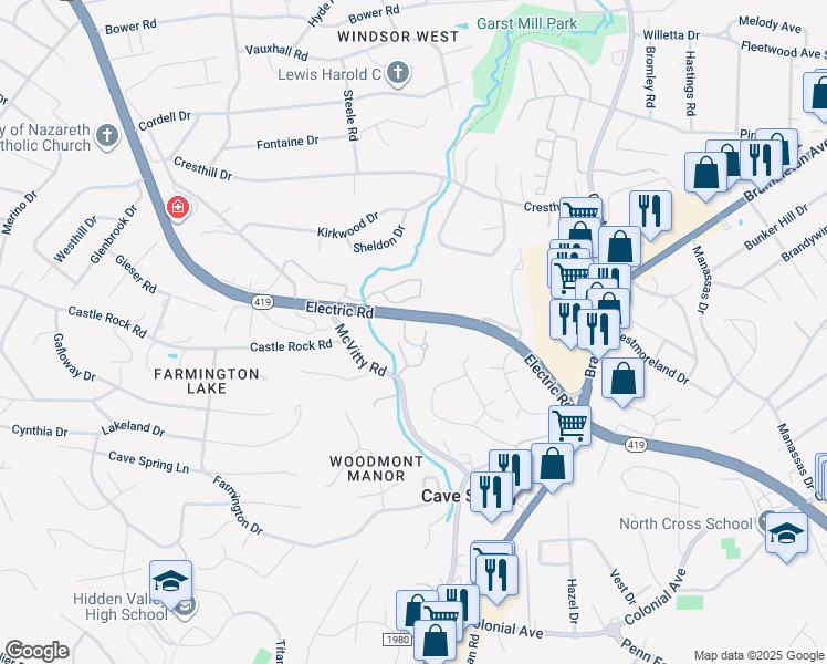 map of restaurants, bars, coffee shops, grocery stores, and more near 3040 McVitty Forest Drive in Roanoke