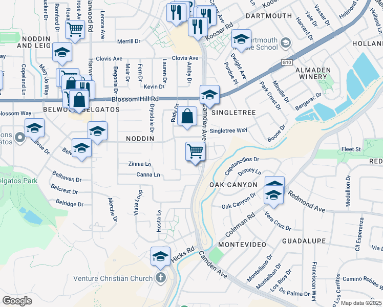 map of restaurants, bars, coffee shops, grocery stores, and more near 5763 Preston Drive in San Jose