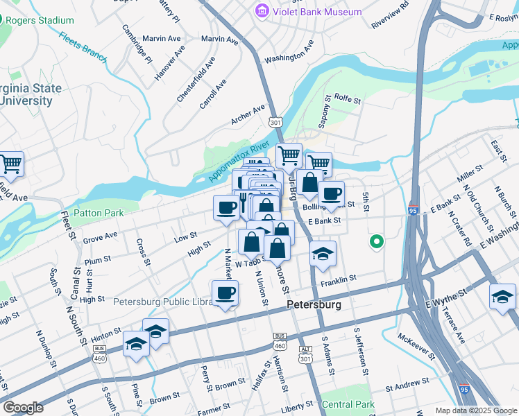 map of restaurants, bars, coffee shops, grocery stores, and more near 23 West Old Street in Petersburg