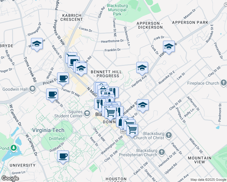 map of restaurants, bars, coffee shops, grocery stores, and more near 212 Wilson Avenue in Blacksburg