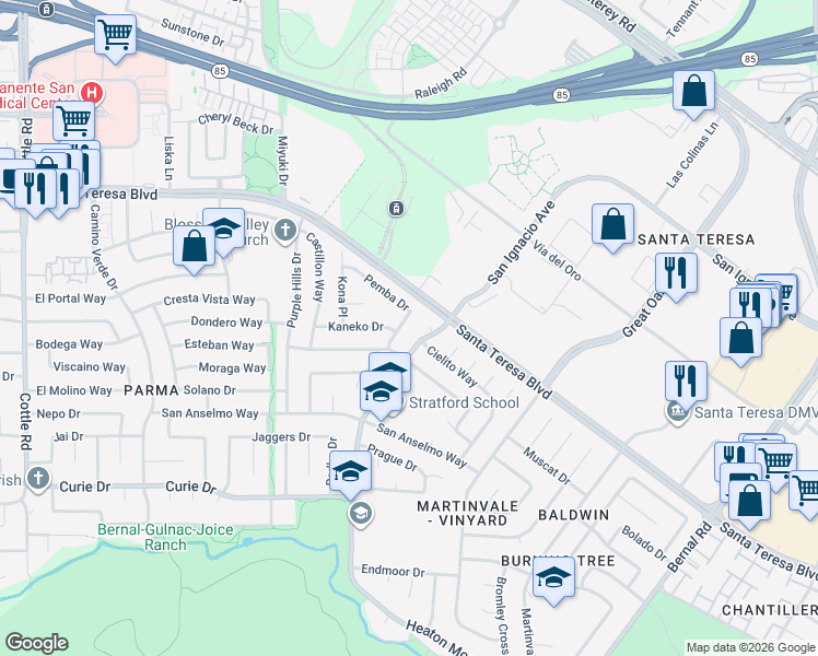 map of restaurants, bars, coffee shops, grocery stores, and more near 6570 Kaneko Drive in San Jose