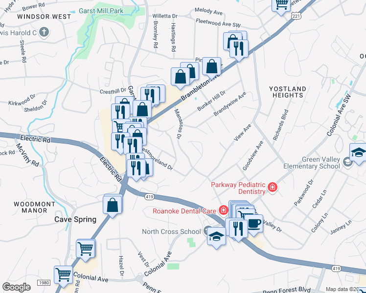 map of restaurants, bars, coffee shops, grocery stores, and more near 3418 Manassas Drive in Cave Spring