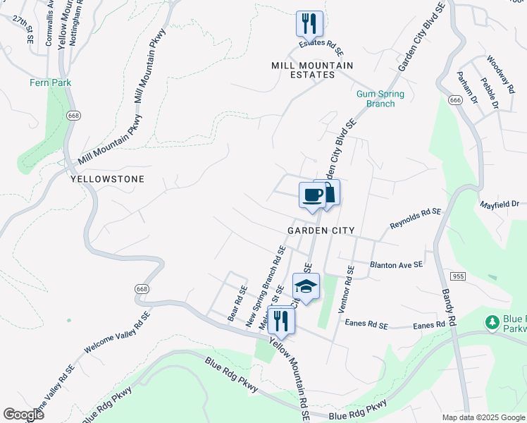 map of restaurants, bars, coffee shops, grocery stores, and more near 1103 Ray Road Southeast in Roanoke