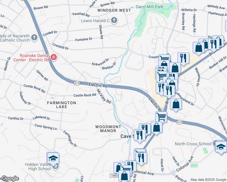 map of restaurants, bars, coffee shops, grocery stores, and more near 3025 McVitty Forest Drive in Roanoke