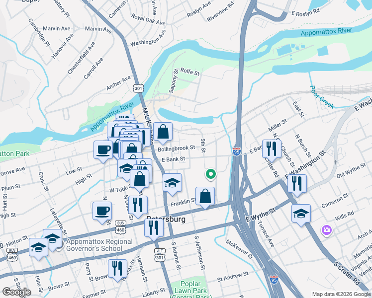 map of restaurants, bars, coffee shops, grocery stores, and more near 219 East Bank Street in Petersburg