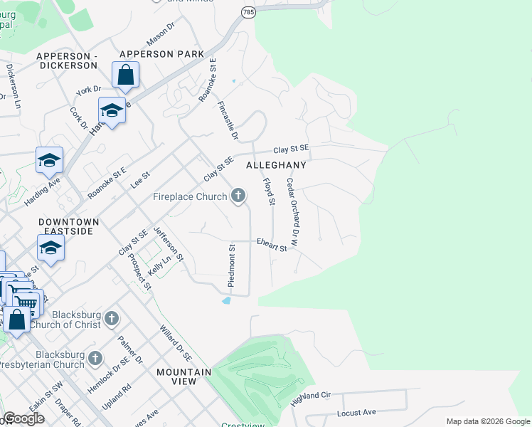 map of restaurants, bars, coffee shops, grocery stores, and more near 502 Floyd Street in Blacksburg