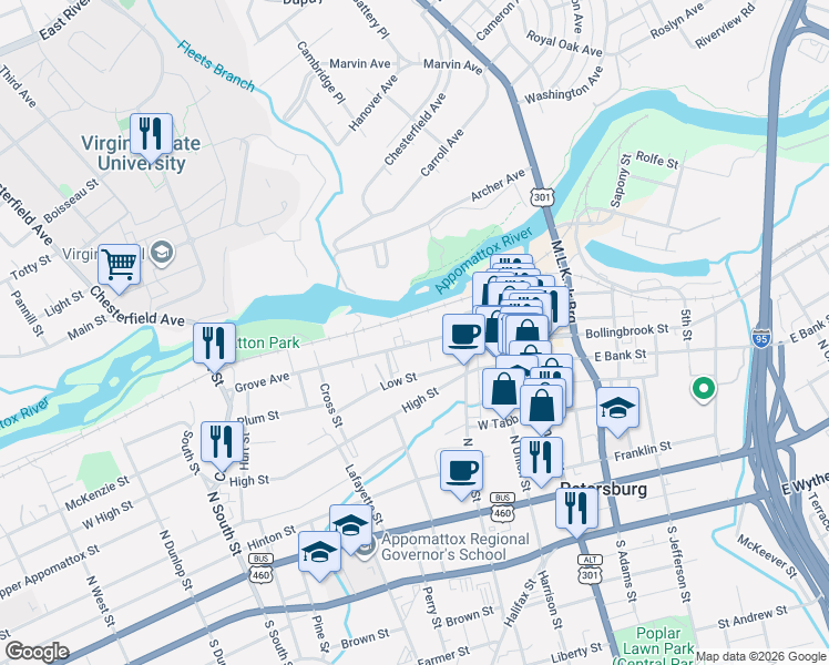 map of restaurants, bars, coffee shops, grocery stores, and more near 239 Grove Avenue in Petersburg