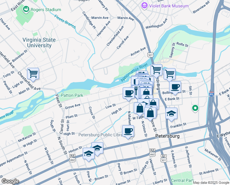 map of restaurants, bars, coffee shops, grocery stores, and more near 247 Grove Avenue in Petersburg