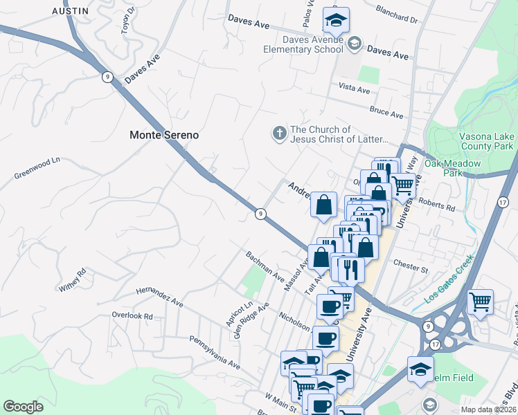 map of restaurants, bars, coffee shops, grocery stores, and more near 16190 Rose Avenue in Monte Sereno