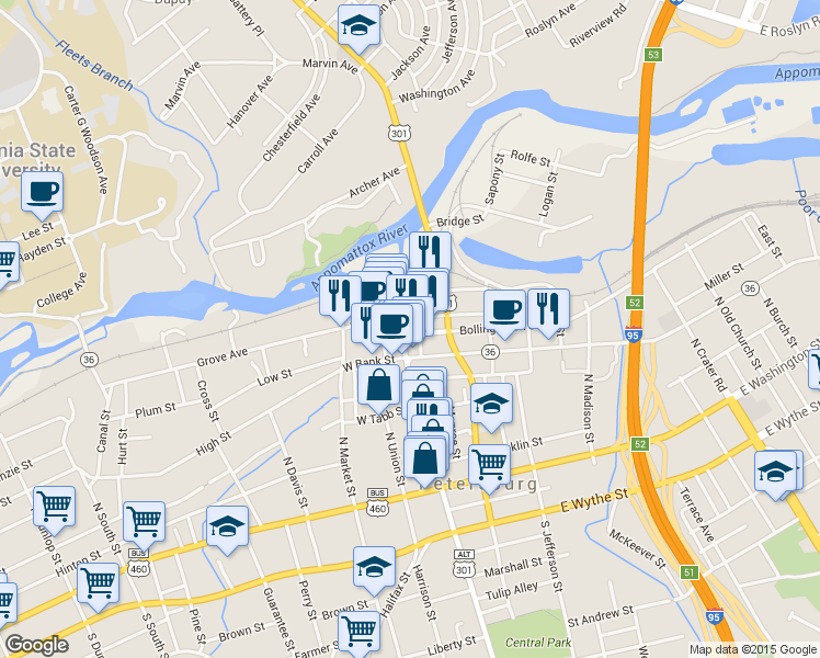 map of restaurants, bars, coffee shops, grocery stores, and more near 7 Bollingbrook Street in Petersburg