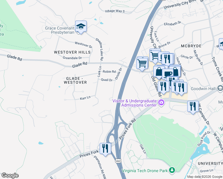 map of restaurants, bars, coffee shops, grocery stores, and more near 1519 Oriole Drive in Blacksburg
