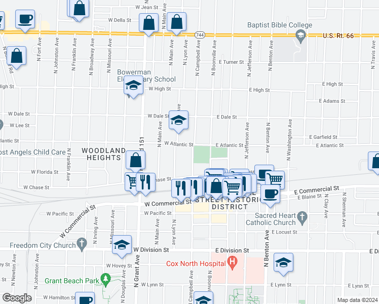 map of restaurants, bars, coffee shops, grocery stores, and more near 1919 North Campbell Avenue in Springfield