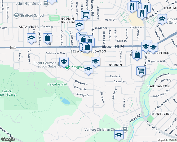 map of restaurants, bars, coffee shops, grocery stores, and more near 183 Belwood Gateway in Los Gatos