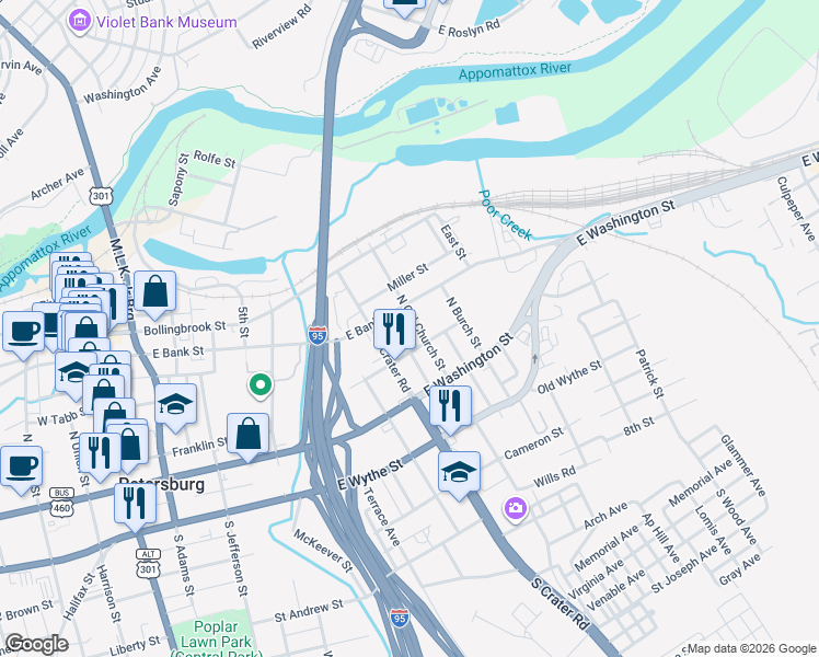 map of restaurants, bars, coffee shops, grocery stores, and more near 126 North Old Church Street in Petersburg