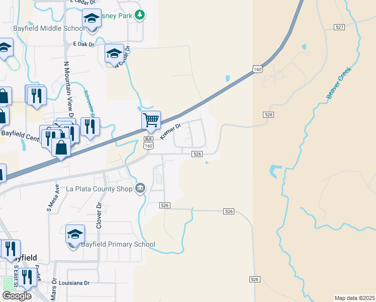 map of restaurants, bars, coffee shops, grocery stores, and more near 105 Cinnamon Drive in Bayfield