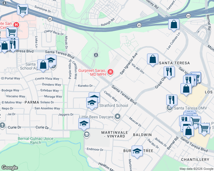 map of restaurants, bars, coffee shops, grocery stores, and more near 6419 San Ignacio Avenue in San Jose