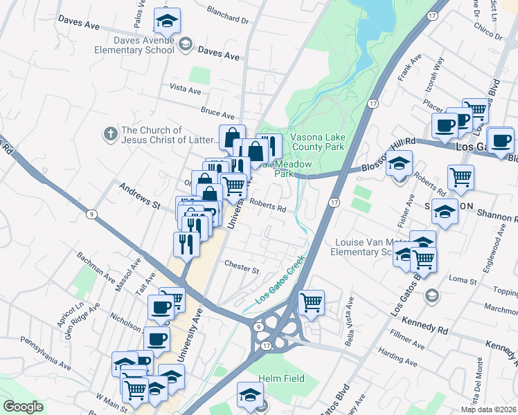 map of restaurants, bars, coffee shops, grocery stores, and more near 32 Roberts Road in Los Gatos