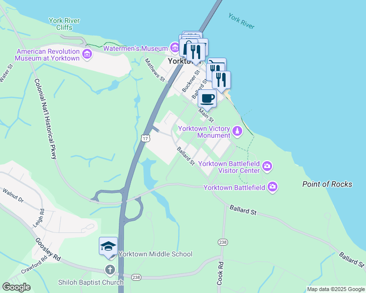 map of restaurants, bars, coffee shops, grocery stores, and more near 311 Ballard Street in Yorktown