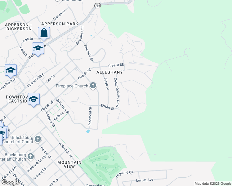 map of restaurants, bars, coffee shops, grocery stores, and more near 506 Cedar Orchard Drive West in Blacksburg
