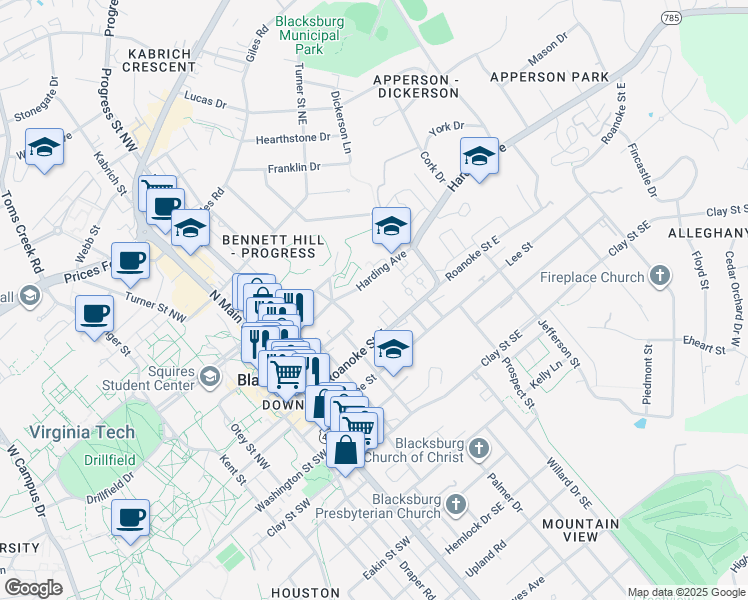 map of restaurants, bars, coffee shops, grocery stores, and more near 416 Harding Avenue in Blacksburg