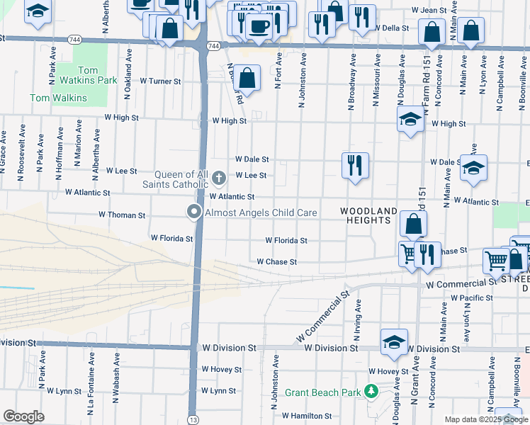 map of restaurants, bars, coffee shops, grocery stores, and more near 1311 West Thoman Street in Springfield