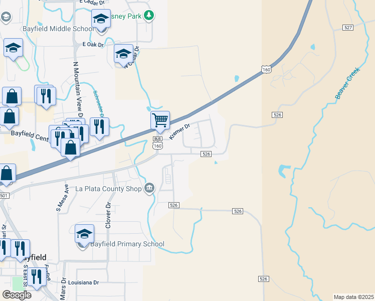 map of restaurants, bars, coffee shops, grocery stores, and more near 105 Cinnamon Drive in Bayfield