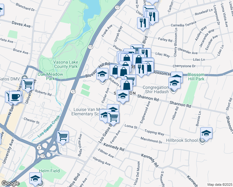 map of restaurants, bars, coffee shops, grocery stores, and more near 16897 Mitchell Avenue in Los Gatos