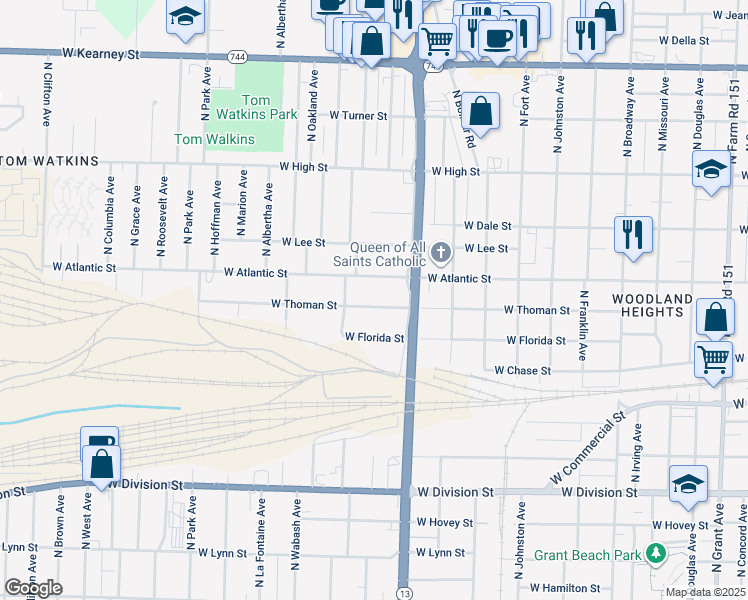 map of restaurants, bars, coffee shops, grocery stores, and more near 1701 West Thoman Street in Springfield