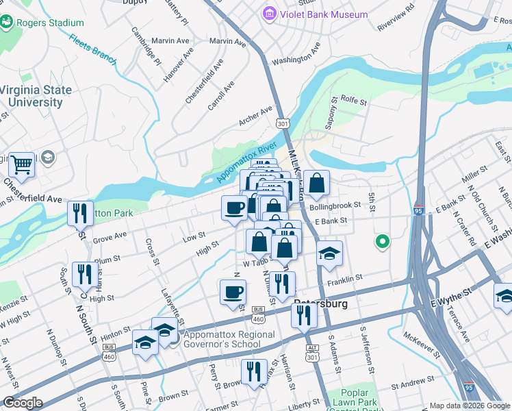 map of restaurants, bars, coffee shops, grocery stores, and more near 28 West Old Street in Petersburg