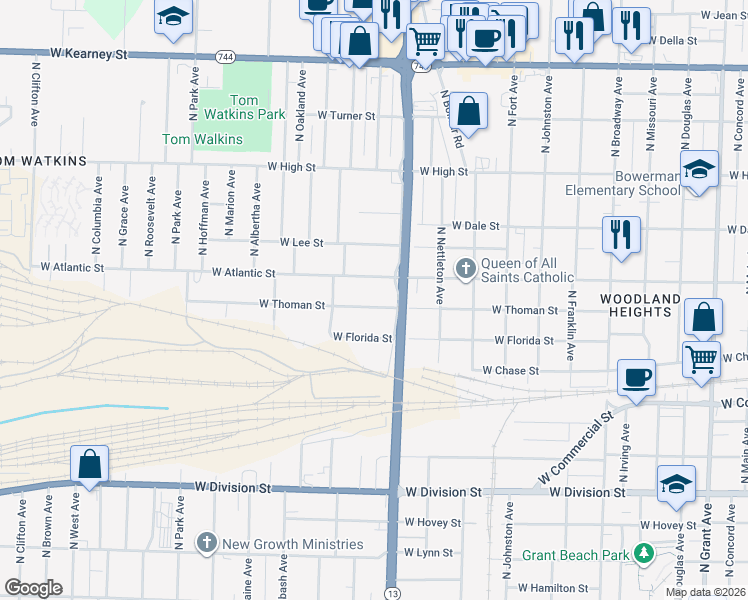 map of restaurants, bars, coffee shops, grocery stores, and more near 1608 West Atlantic Street in Springfield