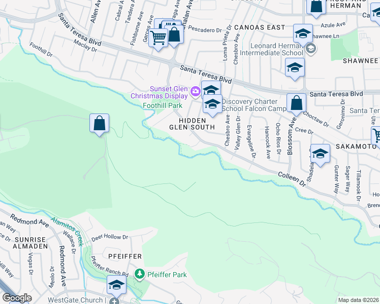 map of restaurants, bars, coffee shops, grocery stores, and more near 6216 Glendora Court in San Jose